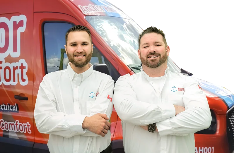 Two Anchor Home Comfort technicians standing in front of a branded service van, smiling with arms crossed