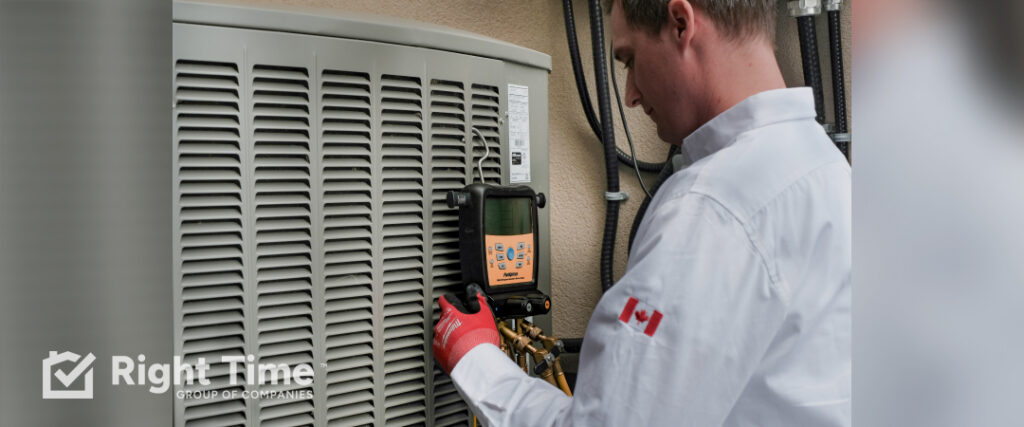 HVAC technician checking an outdoor air conditioner’s performance with diagnostic gauges during an Ottawa service visit for humid or stuffy indoor air.
